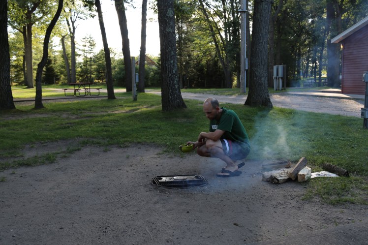 Our first campfire dinner of pancakes.  
